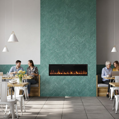 Modern Ember Aerus electric fireplace insert built into teal herringbone tile feature wall in a commercial cafe with dining guests