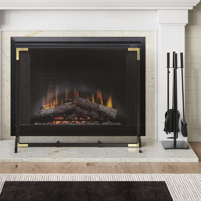 Close up of Modern Ember fireplace screen and tools 