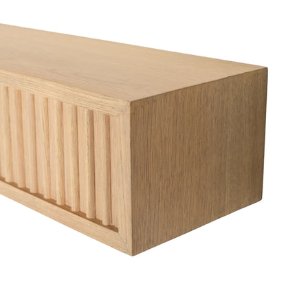 Alternative angled view of the natural finish Monti Boxframe solid oak shelf, emphasizing the boxframe profile.