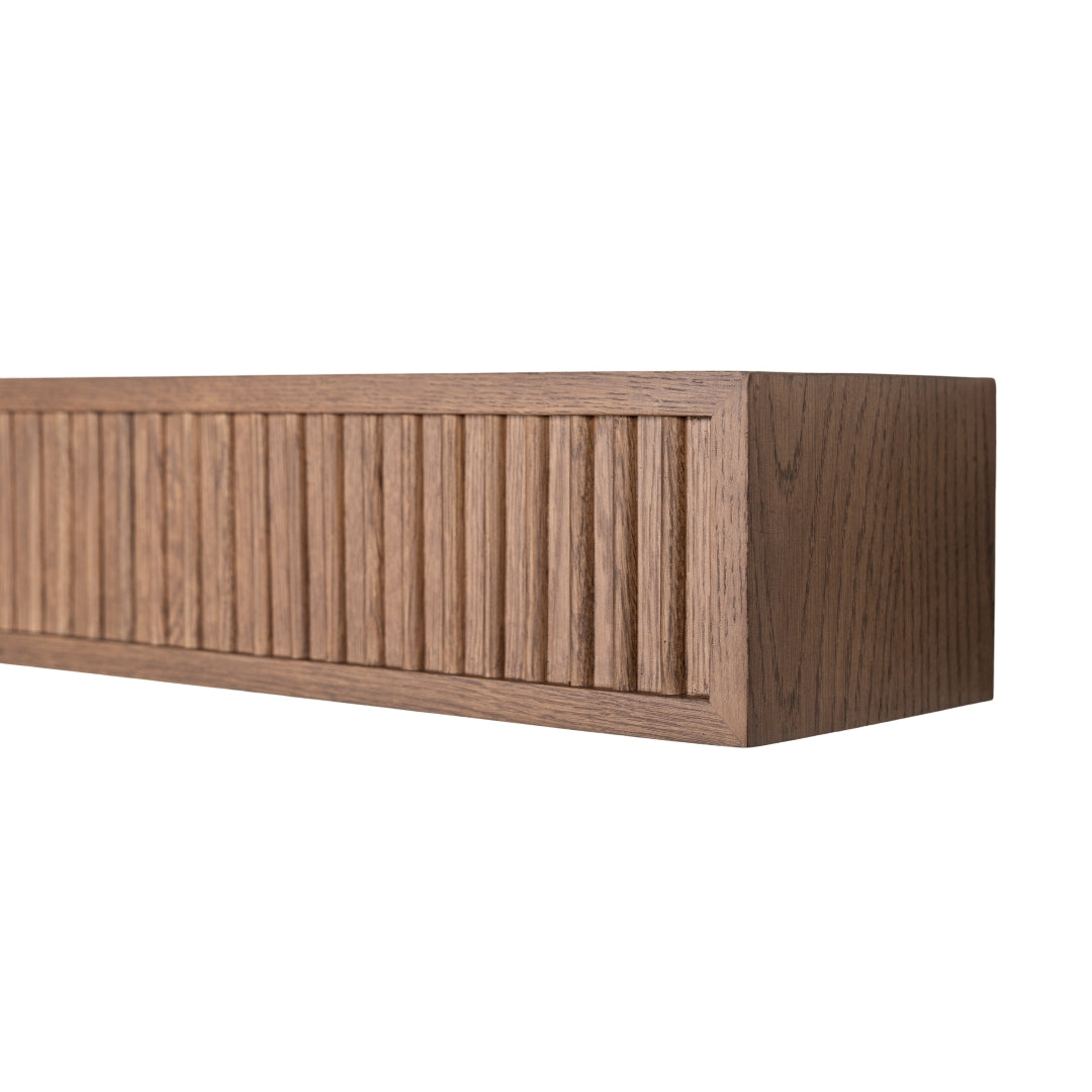 Close up of Modern Ember Monti Box Shelf Burnished Walnut highlighting its clean, contemporary lines and fluted texture.