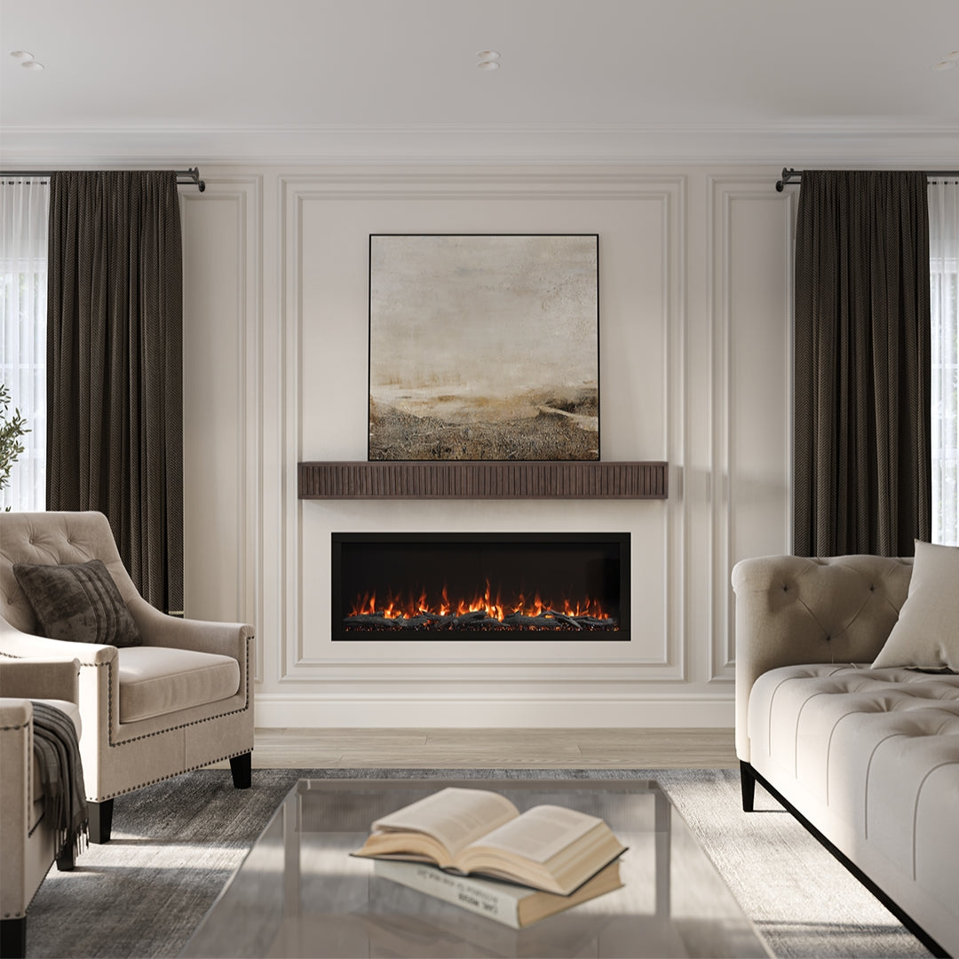 Wide shot of a bright, modern living room featuring the Monti Boxframe Sable finish fluted mantel above a fireplace, with artwork and minimalist decor.