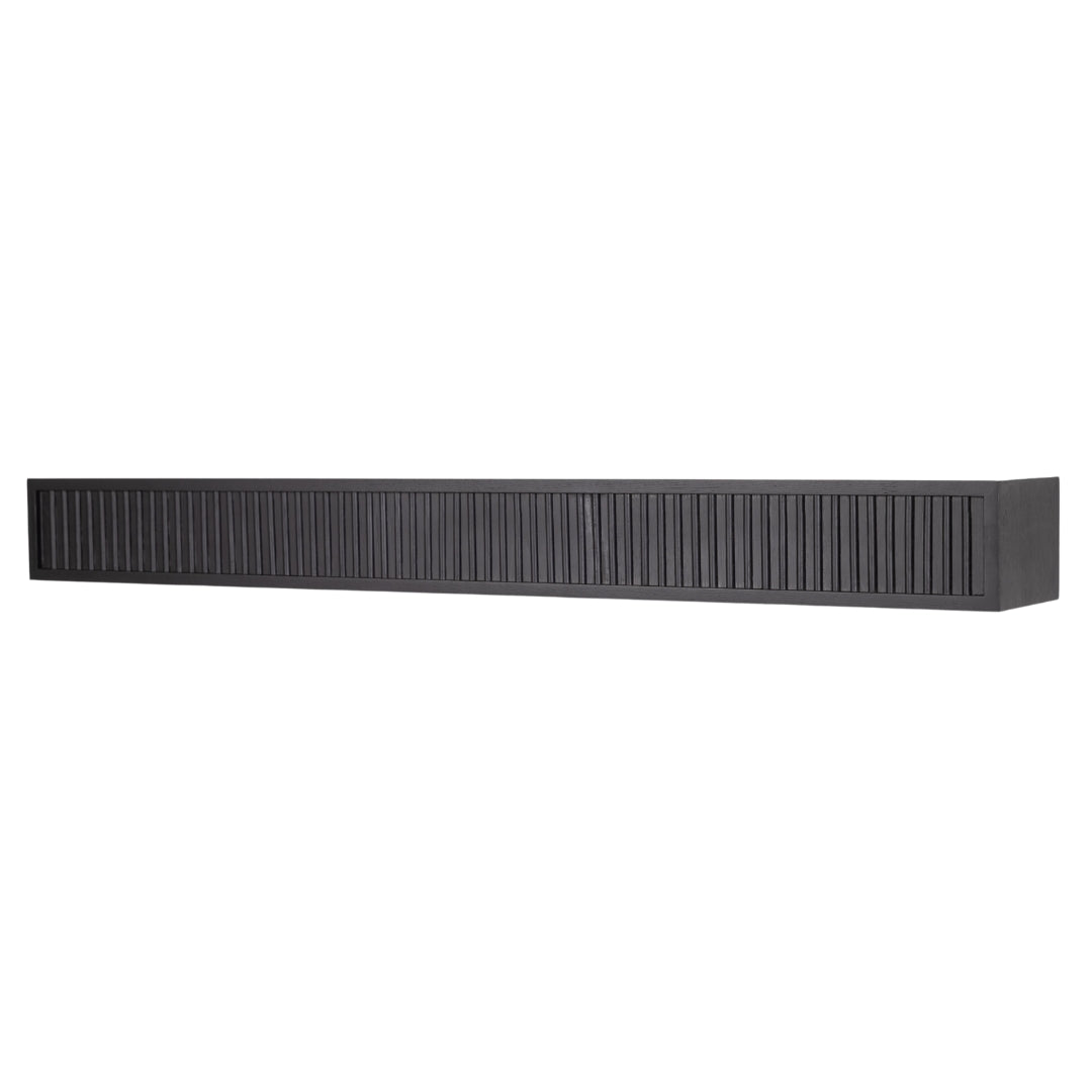 Angled view of the Black Monti Boxframe floating shelf in Sable, highlighting its clean, contemporary lines and fluted texture.