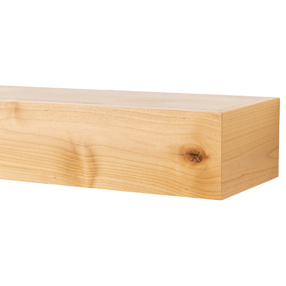 Tipton 72" Modern Ember floating mantel shelf in natural finish mounted above black firebox with realistic flames.