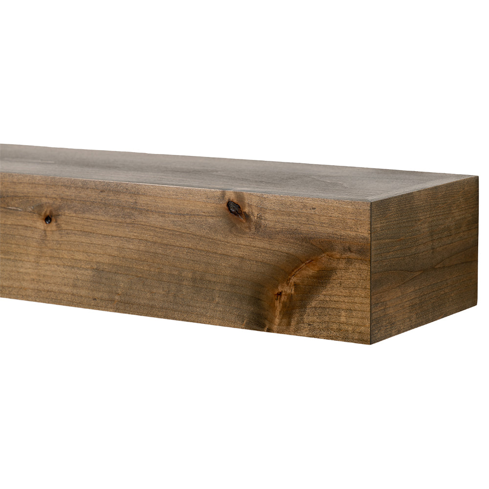 Tipton 72" Wood Mantel Shelf - Driftwood Finish floating fireplace mantel shelf in rustic medium wood finish with handcrafted look