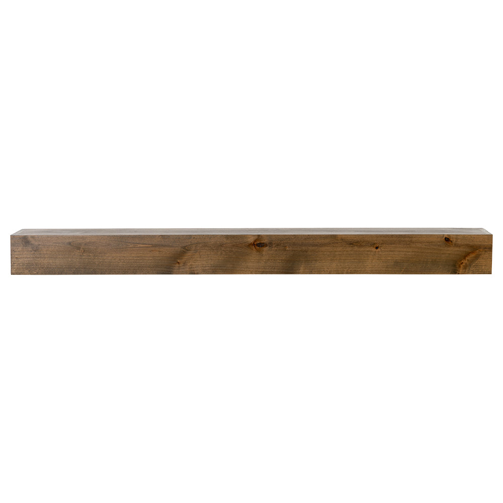 Modern Ember Timber floating mantel shelf in medium rustic wood finish with visible knots and natural grain