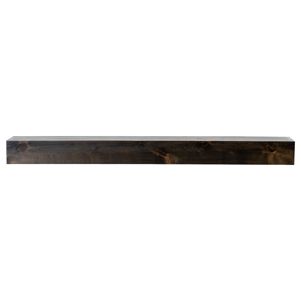 Tipton 72" Wood Mantel Shelf - Ebony Finish floating fireplace mantel shelf in rustic medium wood finish with handcrafted look