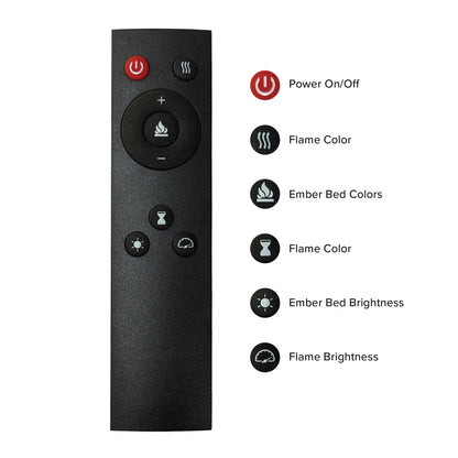 Glenbrook black remote control with buttons for various fireplace functions on a white background