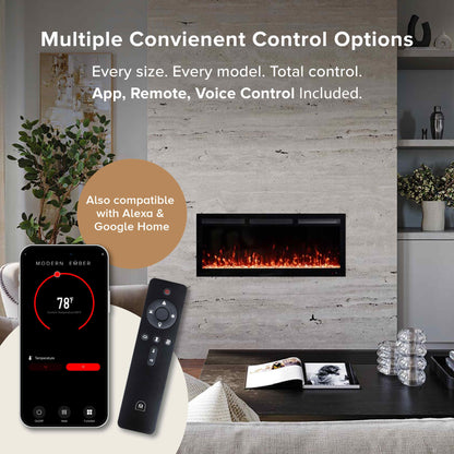 Modern linear electric fireplace mounted on a stone wall in a living room setting, shown with a smartphone app screen and remote control. Text highlights multiple control options and Alexa/Google Home compatibility.