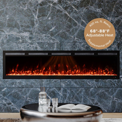 A modern linear electric fireplace mounted on a dark blue marble wall, with glowing orange and red faux flames. A circular brown badge in the upper right reads '400 sq ft reach, supplemental heat.