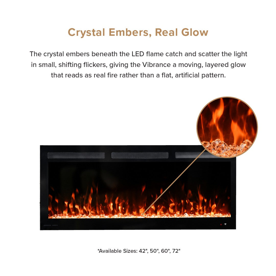 Electric fireplace insert with glowing crystal embers and flame effect, shown on a white background with descriptive text and a circular close-up inset of the ember glow.