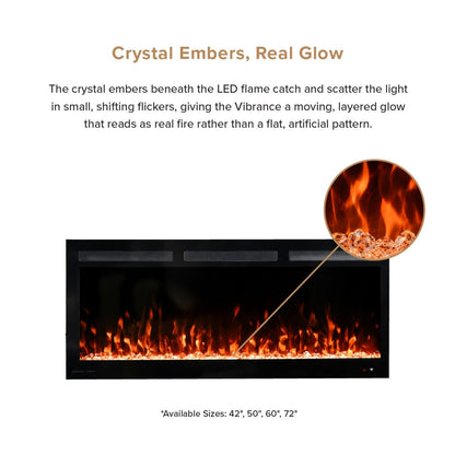 Electric fireplace insert with glowing crystal embers and flame effect, shown on a white background with descriptive text and a circular close-up inset of the ember glow.
