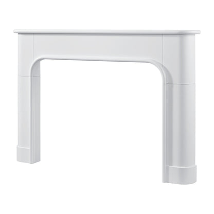 Modern Ember white fireplace mantel surround with smooth contemporary design, durable wood construction, and clean painted finish.