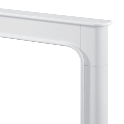 Close-up of Modern Ember white fireplace mantel corner showing smooth painted finish, rounded edge, and contemporary design detail.