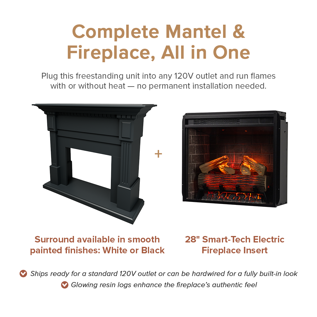 Promotional graphic showing a freestanding black Augustine mantel package set on a white background, with text describing plug-in use, 120V outlet compatibility, and glowing resin logs. The left side shows the black mantel alone, and the right side shows the black fireplace insert with faux logs and flames.