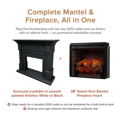 Promotional graphic showing a freestanding black Augustine mantel package set on a white background, with text describing plug-in use, 120V outlet compatibility, and glowing resin logs. The left side shows the black mantel alone, and the right side shows the black fireplace insert with faux logs and flames.