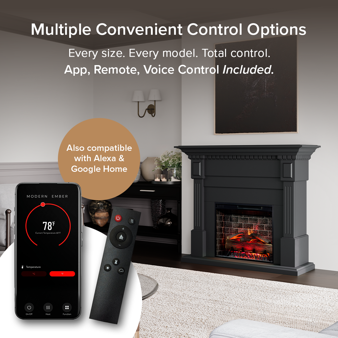 A modern Augustine electric fireplace mantel package shown in a styled living room setting, alongside a smartphone app screen and a black remote control. Text at the top reads 'Multiple Convenient Control Options' and a circle note says 'Also compatible with Alexa & Google Home.