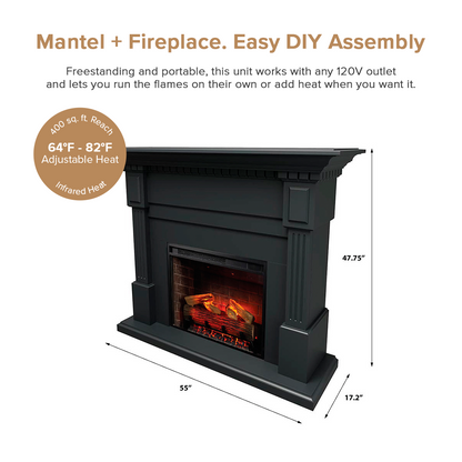 Black freestanding Augustine electric fireplace mantel pacakge with dimension labels showing 55 inches wide, 47.75 inches tall, and 17.2" deep.