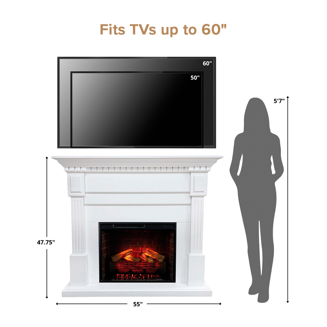 White Augustine electric fireplace mantel package with a mounted flat-screen TV, shown with dimension labels (55" width, 47.75" height) and a gray silhouette of a person labeled 5'7" on a white background.