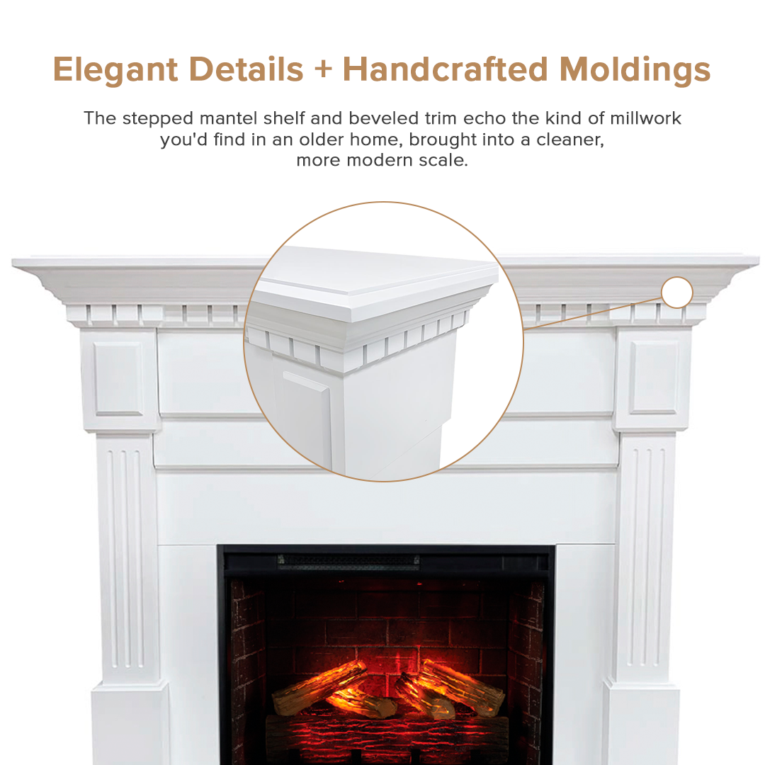 White Augustine fireplace mantel with decorative molding details and a black firebox showing glowing logs, with text and a circular close-up inset highlighting craftsmanship.