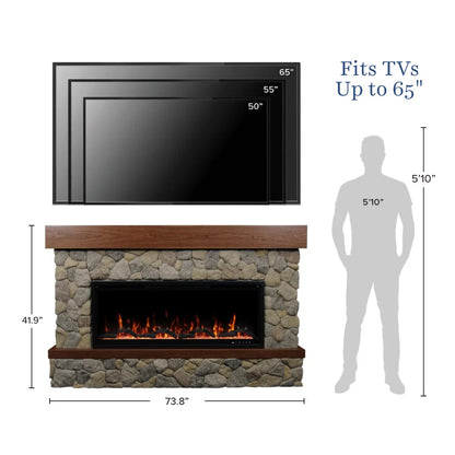 An electric fireplace insert shown with a mounted TV above it, plus size annotations and a human silhouette indicating fit for TVs up to 65 inches and a 5'10" height.