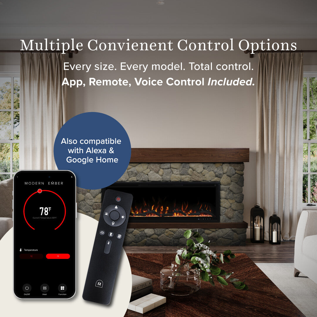 A smart fireplace remote and smartphone app control interface are shown in front of a staged living room with a stone fireplace, curtains, windows, and a coffee table. Text reads 'Multiple Convenient Control Options' and 'Every size.