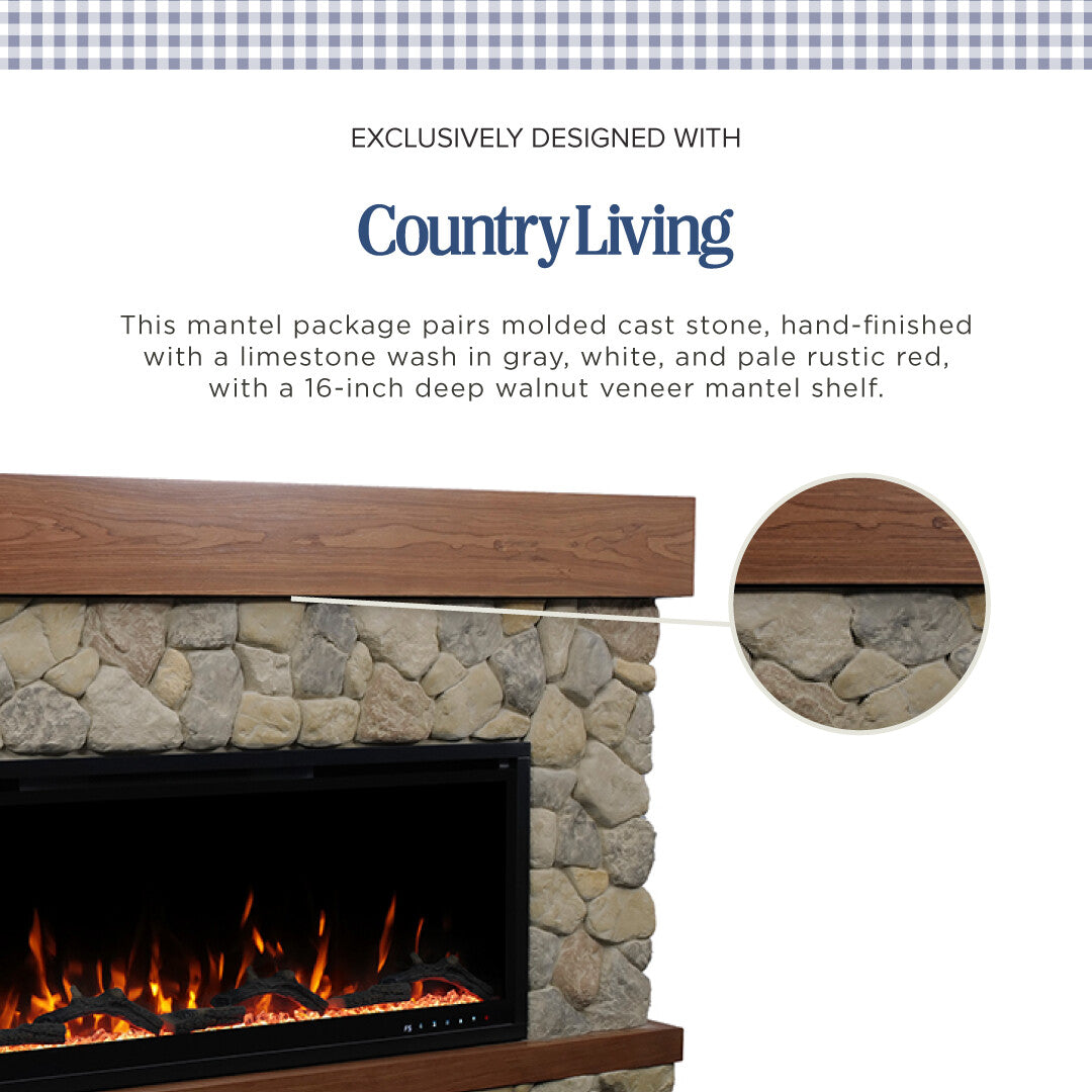 A fireplace mantel package design shown on a white background with text describing the materials and a circular inset showing the stone texture. The mantel is a medium brown wood tone, paired with a gray and white stone wall and a black electric fireplace insert with glowing orange flames.