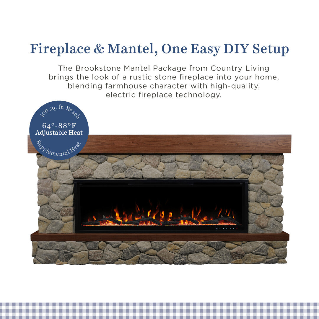 A fireplace mantel package featuring a rustic stone fireplace surround with a black electric fireplace insert and glowing faux flames, shown on a white background with marketing text 'Fireplace & Mantel, One Easy DIY Setup, and a blue circular badge talking about 400 square feet of supplemental heat.