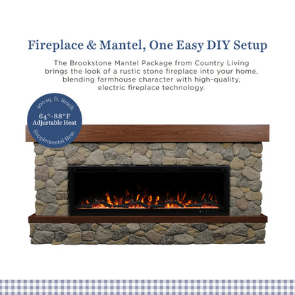 A fireplace mantel package featuring a rustic stone fireplace surround with a black electric fireplace insert and glowing faux flames, shown on a white background with marketing text 'Fireplace & Mantel, One Easy DIY Setup, and a blue circular badge talking about 400 square feet of supplemental heat.