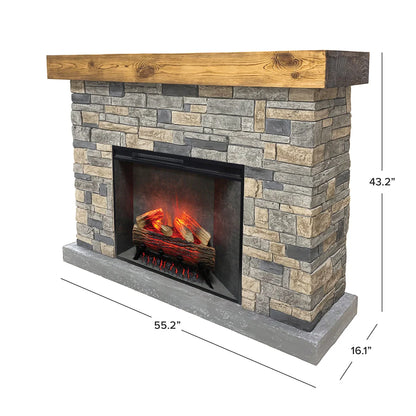 Dixson Stone Mantel with the lit concrete firebox insert.