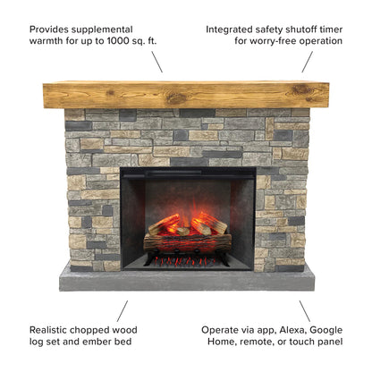 Straight-on view of the Dixson Stone Fireplace with the 28" smart-tech firebox insert lit up. Showing supplemental warmth for 1000 sg. ft, safety shutoff timer, realistic chopped wood and smart features. 