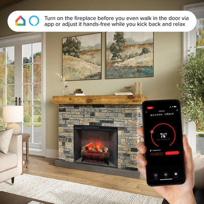Smartphone screen showing the firebox app control interface next to the Dixson Mantel.