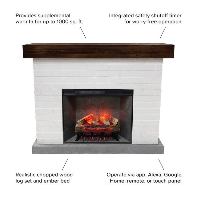 Jackson White Brick Fireplace Mantel with a lit 28" firebox insert, showing the full white faux brick surround and real wood walnut top.