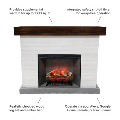 Jackson White Brick Fireplace Mantel with a lit 28" firebox insert, showing the full white faux brick surround and real wood walnut top.