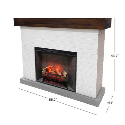 Angled view diagram of the Jackson White Brick Fireplace Mantel and 28" firebox, illustrating the depth and height dimensions.