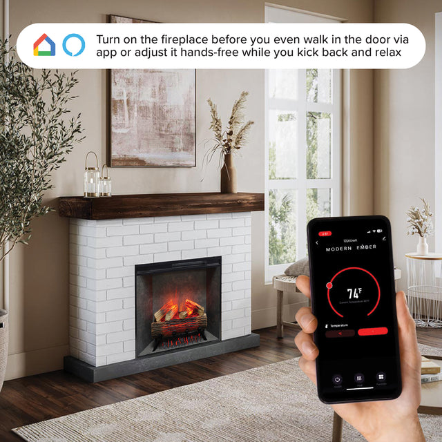 Smartphone screen showing the firebox app control interface, used to adjust the 28" smart fireplace insert settings.