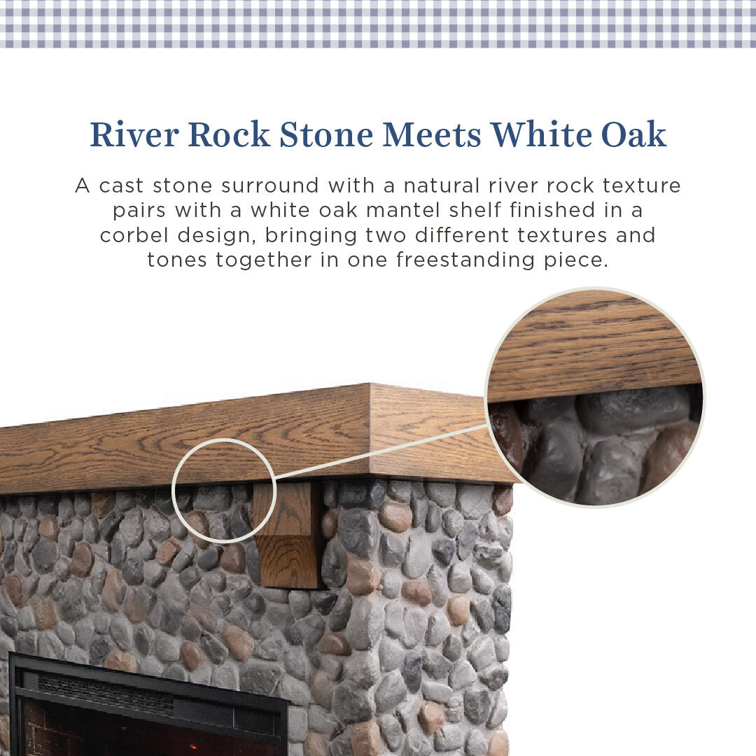 Text and product detail photo showing a Glenbrook fireplace mantel package made from faux River Rock stone and white oak wood. The image includes descriptive copy about combining natural river rock texture with white oak mantel shelf finish, plus a circular close-up inset of the wood grain.