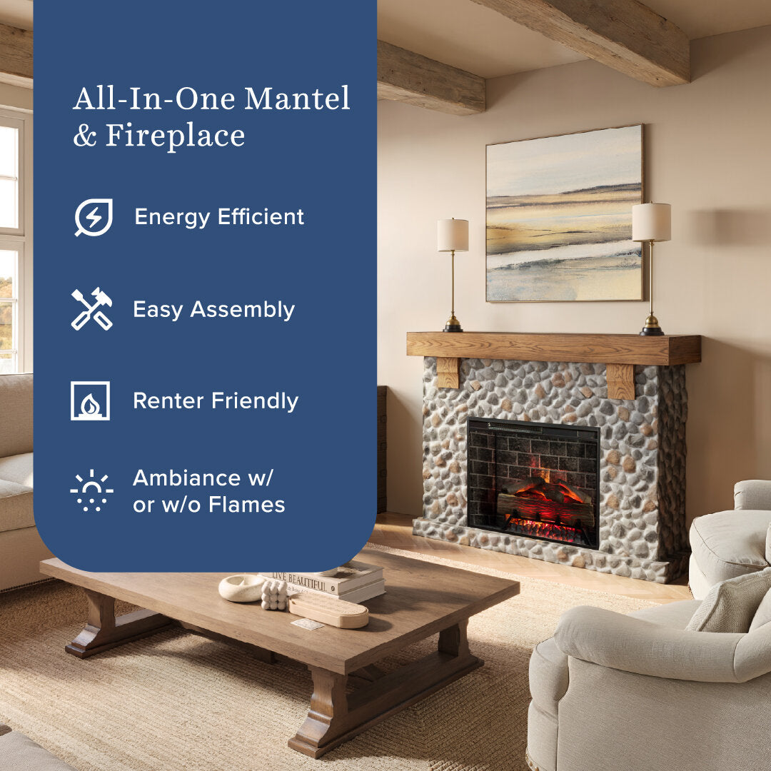 An Glenbrook all-in-one mantel and fireplace kit shown installed in a cozy living room setting. The product includes a wooden mantel and a stone fireplace surround with a built-in firebox.