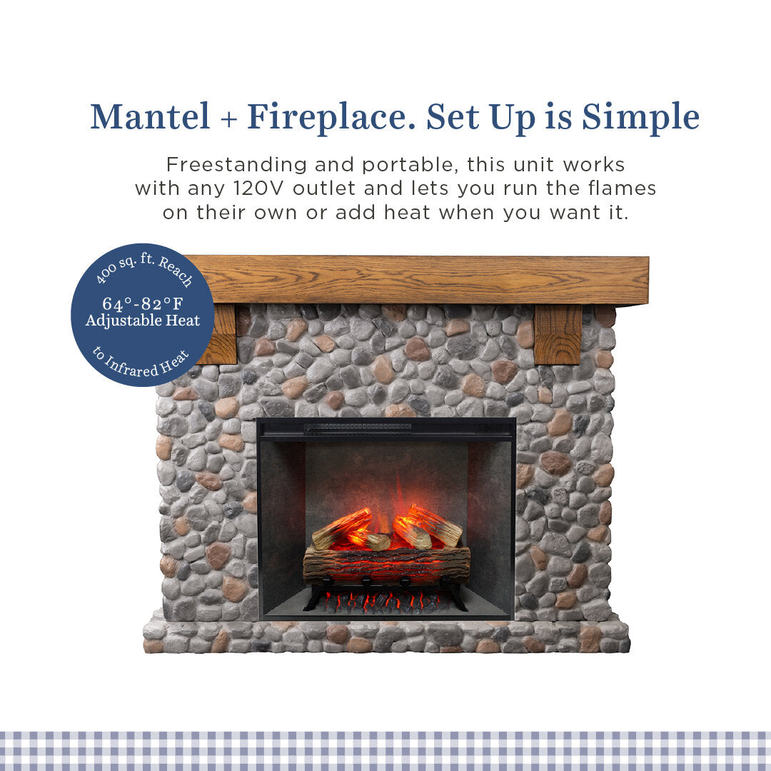 Freestanding portable Glenbrook mantel pacakge with a faux stone exterior, wooden mantel, and glowing electric flames, shown with marketing text on a white background.