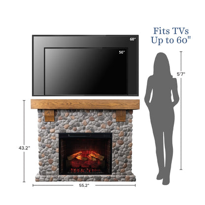 A Glenbrook fireplace mantel unit with a mounted black TV, shown with dimension labels and a gray human silhouette indicating fit for TVs up to 60 inches and a height of 57 inches.
