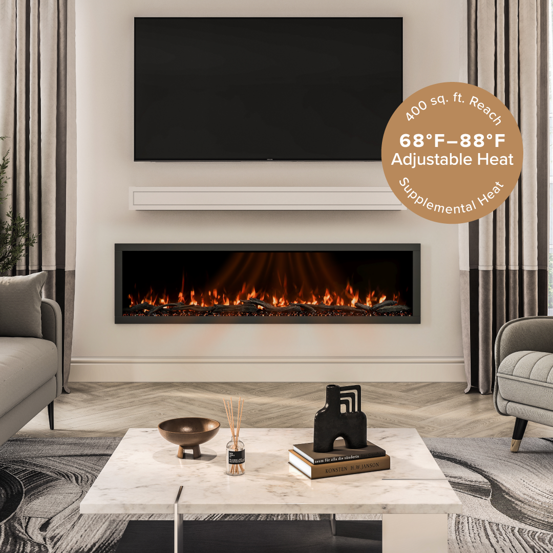A Highmark linear electric fireplace with glowing orange and yellow flames, set in a styled living room with a marble coffee table, gray armchairs, and a brown circular heat-capacity badge overlay.