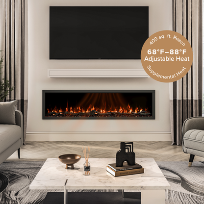 A Highmark linear electric fireplace with glowing orange and yellow flames, set in a styled living room with a marble coffee table, gray armchairs, and a brown circular heat-capacity badge overlay.