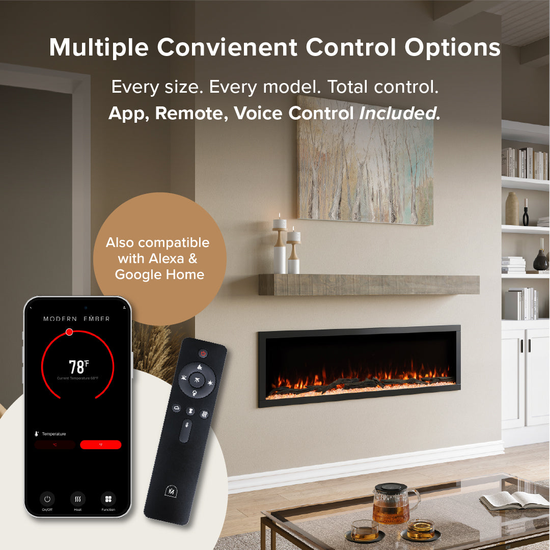 A modern Highmark linear electric fireplace recessed into a beige wall in a living room setting, shown alongside a smartphone app control screen and a black remote control. Text at the top reads 'Multiple Convenient Control Options' and mentions app, remote, and voice control compatibility with Alexa and Google Home.