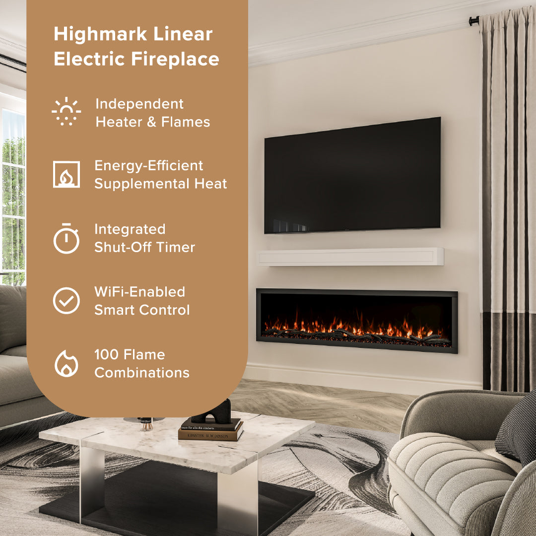 A modern living room scene showing a wall-mounted Highmark linear electric fireplace with visible flames. A large tan text panel on the left lists product features such as independent heater & flames, energy-efficient supplemental heat, integrated shut-off timer, WiFi-enabled smart control, and 100 flame combinations.