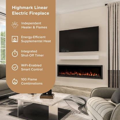 A modern living room scene showing a wall-mounted Highmark linear electric fireplace with visible flames. A large tan text panel on the left lists product features such as independent heater & flames, energy-efficient supplemental heat, integrated shut-off timer, WiFi-enabled smart control, and 100 flame combinations.