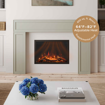 A recessed electric fireplace insert with flames on, set within a sage green mantel in a bright living room. A circular badge on the top right reads '400 sq.ft. of supplemental heat.