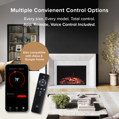 A promotional graphic for the Highmark Traditional Electric fireplace, remote and app control set. The image shows a smartphone displaying the temperature and app interface, a black remote control, and a white fireplace insert in a styled living room setting.