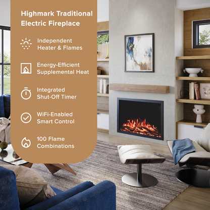 A high-end living room scene featuring a Highmark traditional electric fireplace with a glowing fire, set in a modern interior with a tan informational overlay on the left detailing product features.