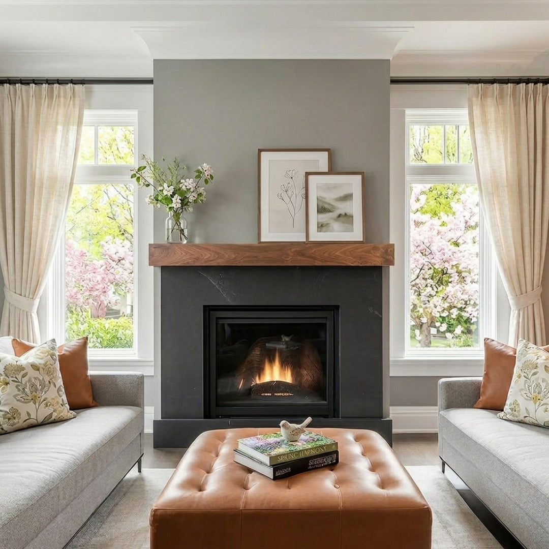 Modern walnut fireplace mantel shelf in matte clear finish styled in transitional living room with slate surround and spring decor