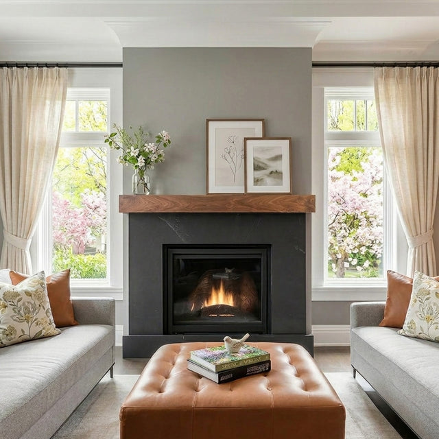 Modern walnut fireplace mantel shelf in matte clear finish styled in transitional living room with slate surround and spring decor