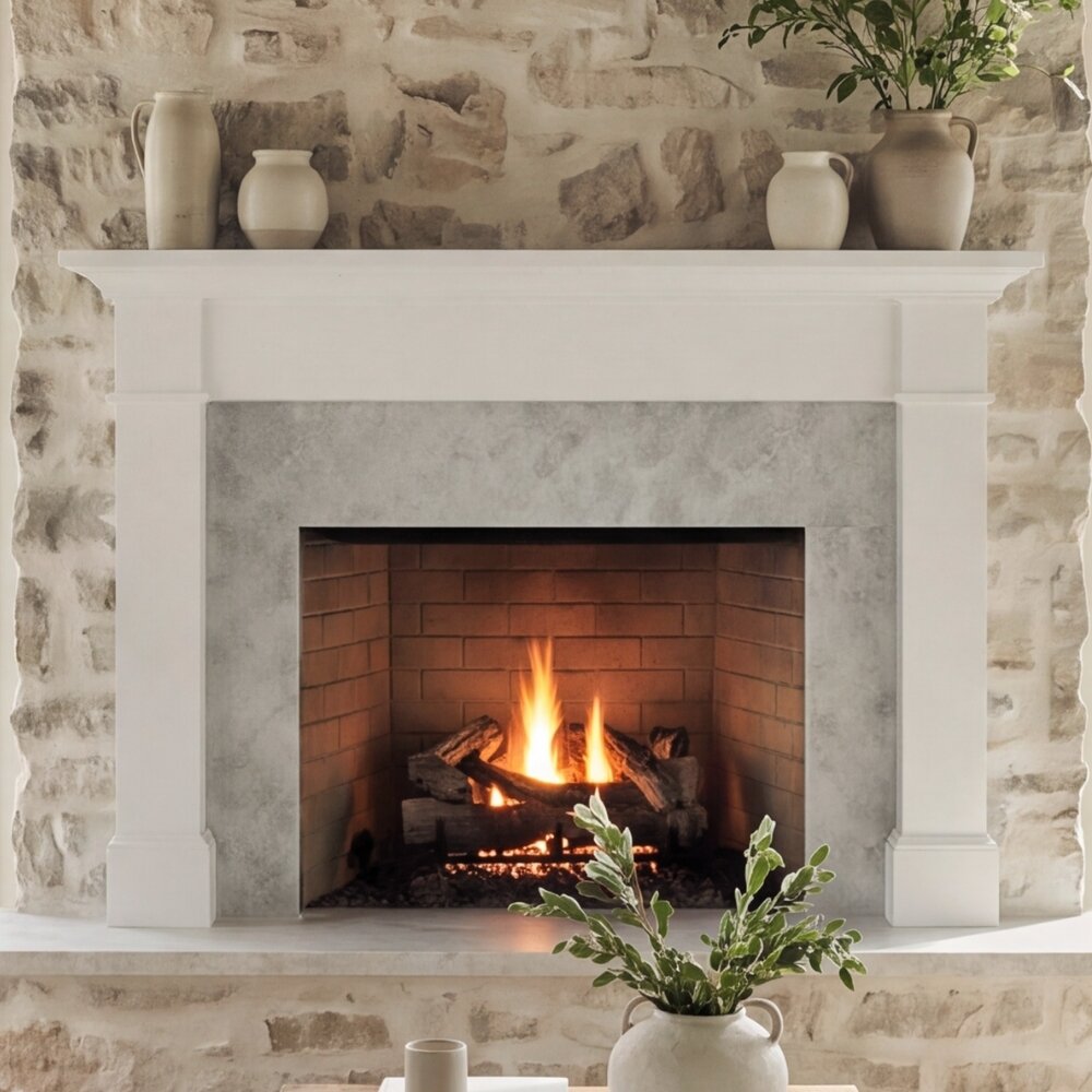 A white fireplace mantel and surround with a brick firebox and glowing fire inside, set against a rustic light stone wall with decorative vases and plants.